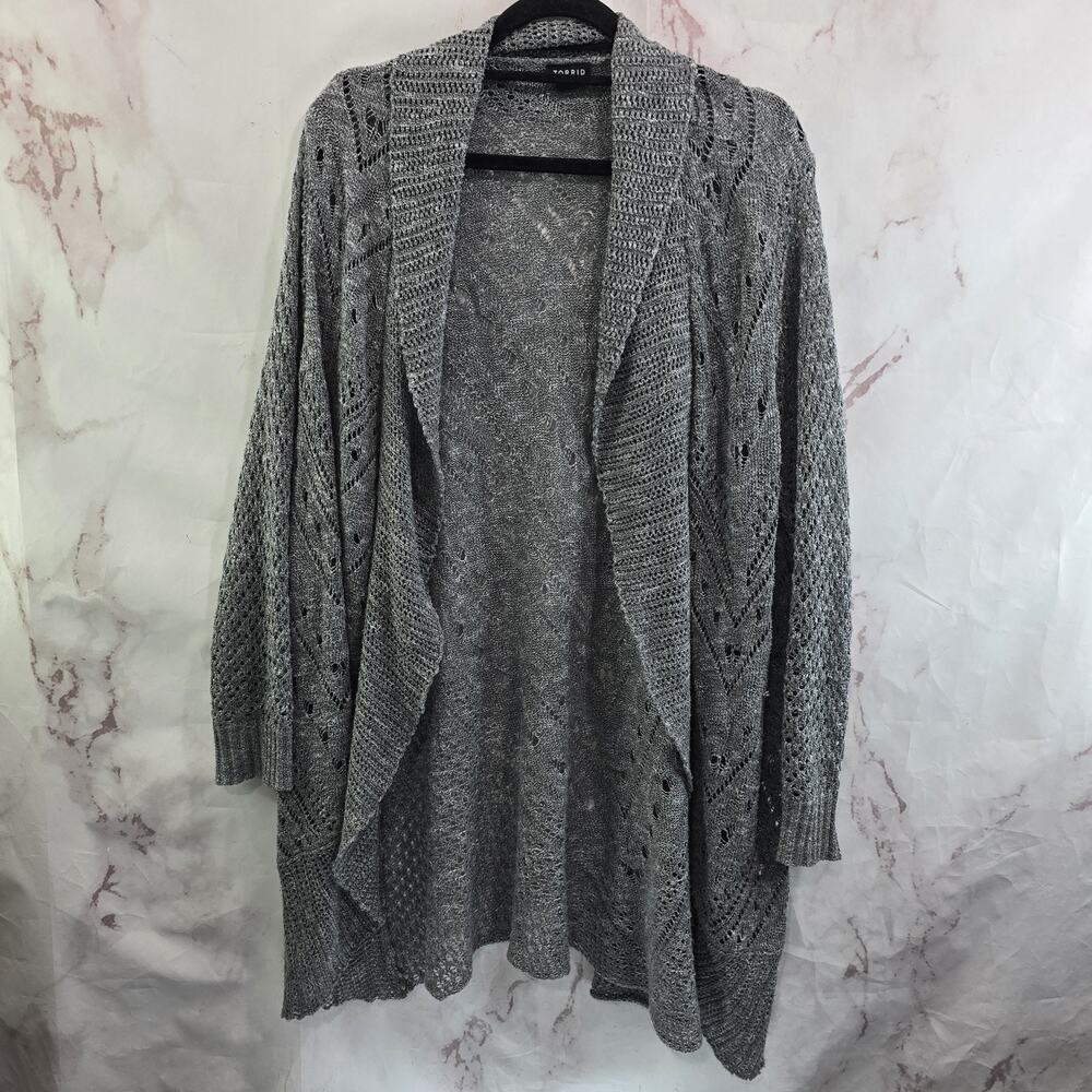 Torrid Cardigan Womens 3 3X Gray Sweater Lightweight Open Pointelle Curved Hem